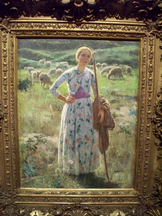 a painting of a girl in a field with sheep behind her