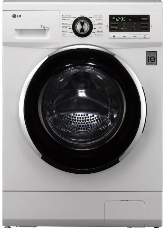 a white and black front loading washer sitting in front of a mirror