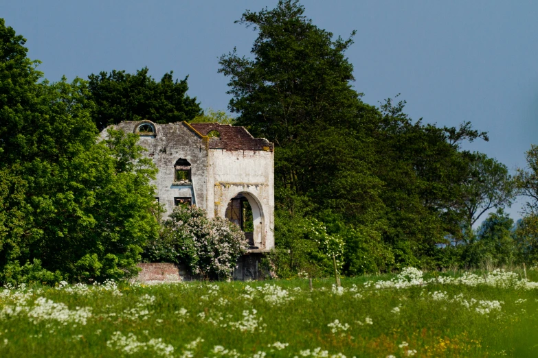 a building that has been abandoned among a forest