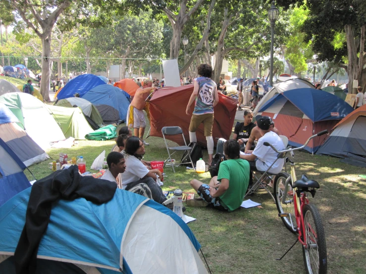 a large group of people camping under trees and hanging out