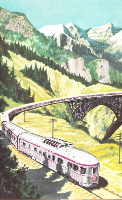 a train travels on a track over a bridge in the mountains