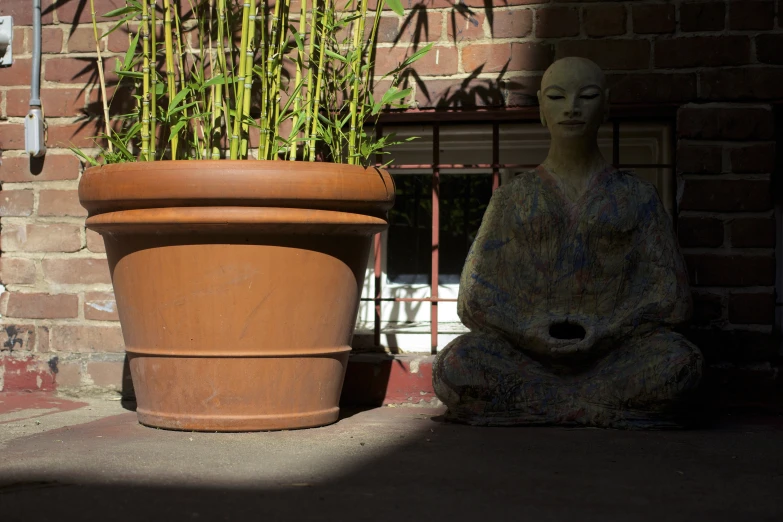 a statue of a buddha next to a clay pot of plants