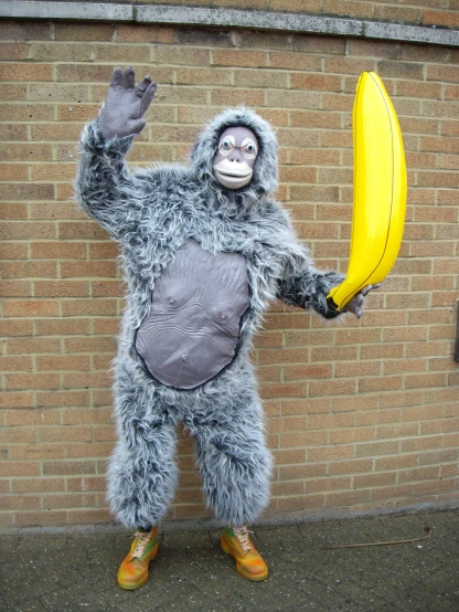 a man in a monkey suit holds a banana