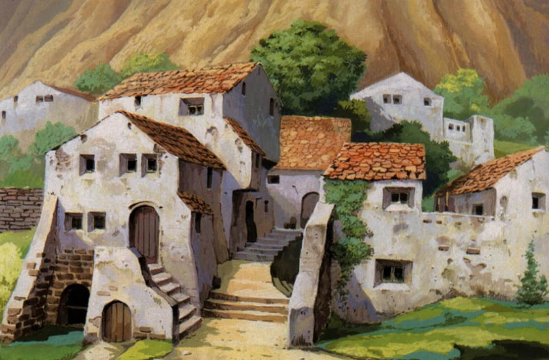 a painting of old buildings in the mountains