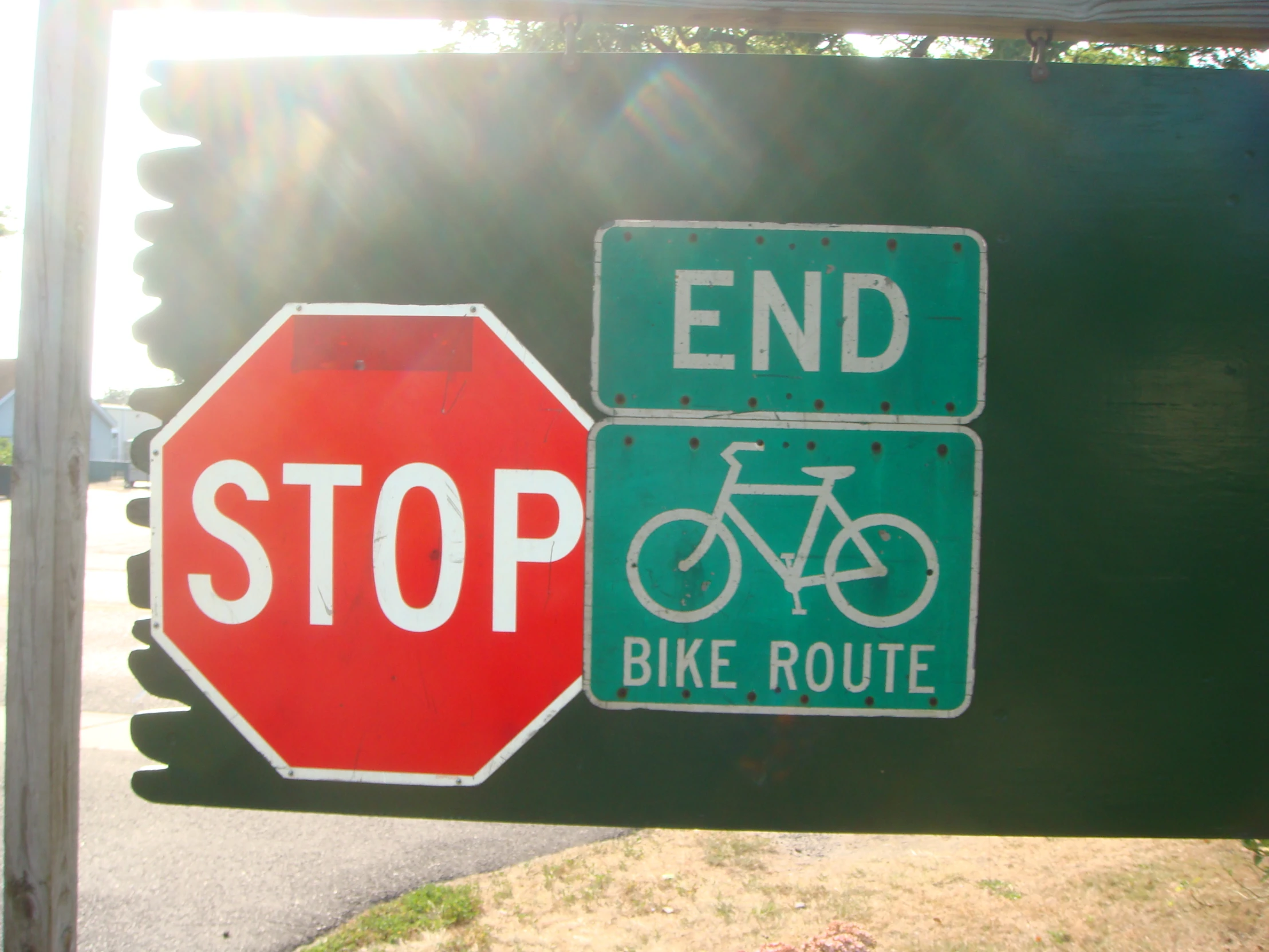 a stop sign has been changed to bicycle route