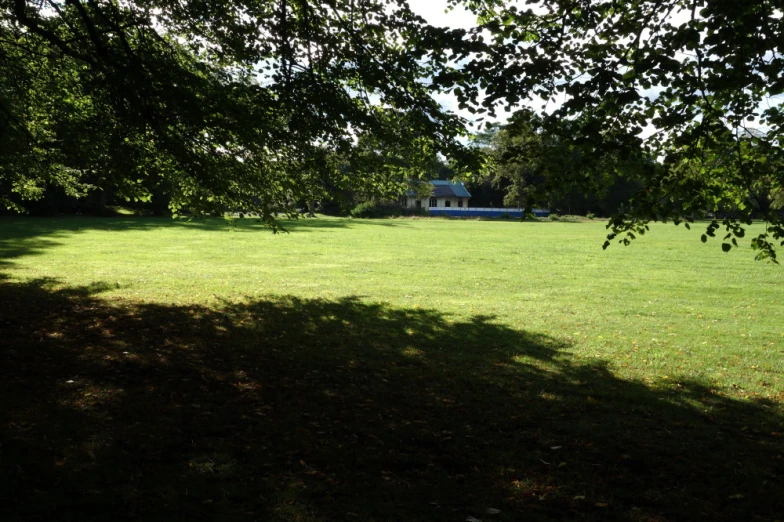 a lush green field in front of a building