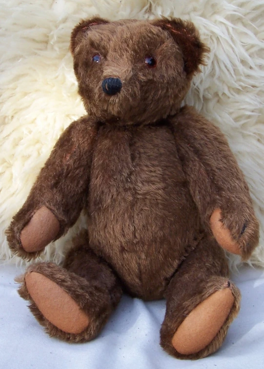 a brown teddy bear sitting next to a fluffy white background