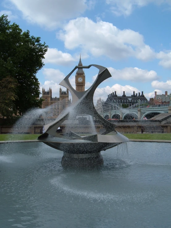 a fountain spouting water in front of some buildings