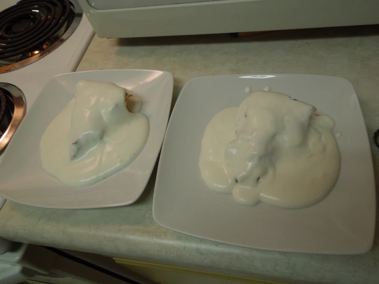 two plates filled with some type of food sitting on a counter