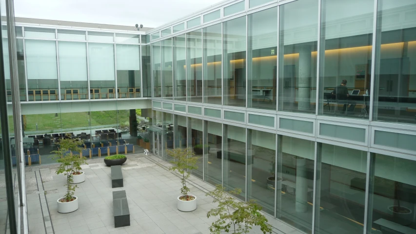 glass walls on a building with potted plants