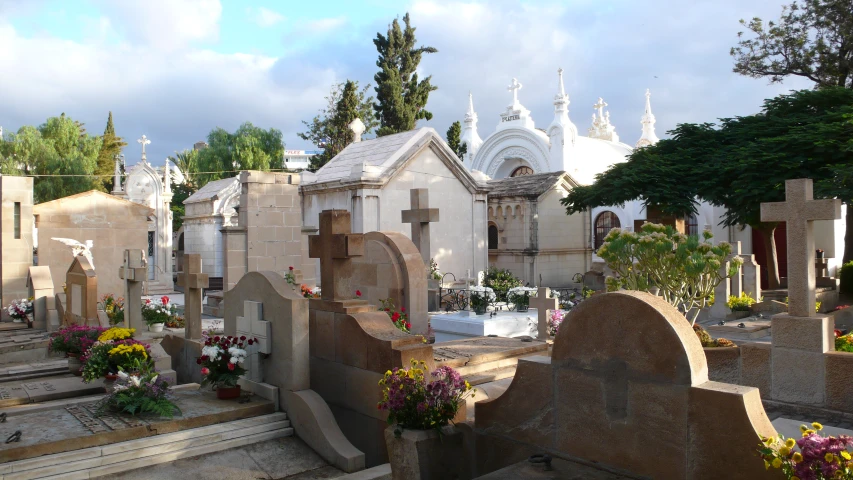 a cemetery with several white crosses and flowers