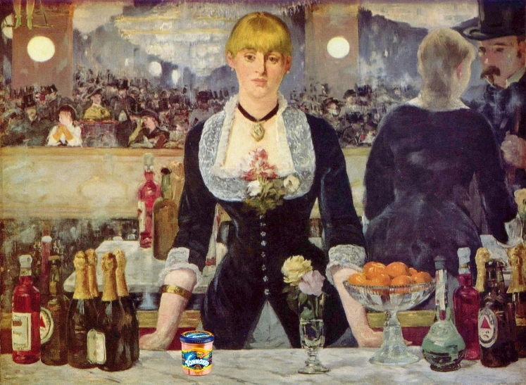 a painting of a bar with bottles and glasses of drinks