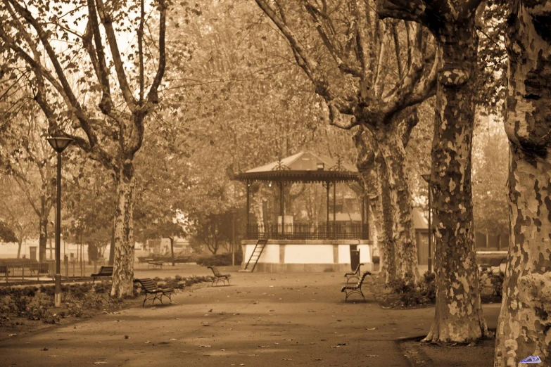 this is a park with some benches, trees and gazebo