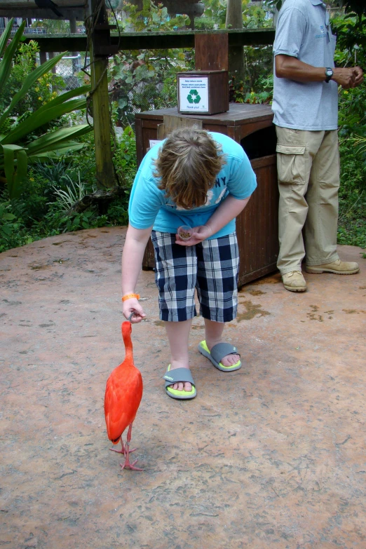 a girl holding onto the head of a bird