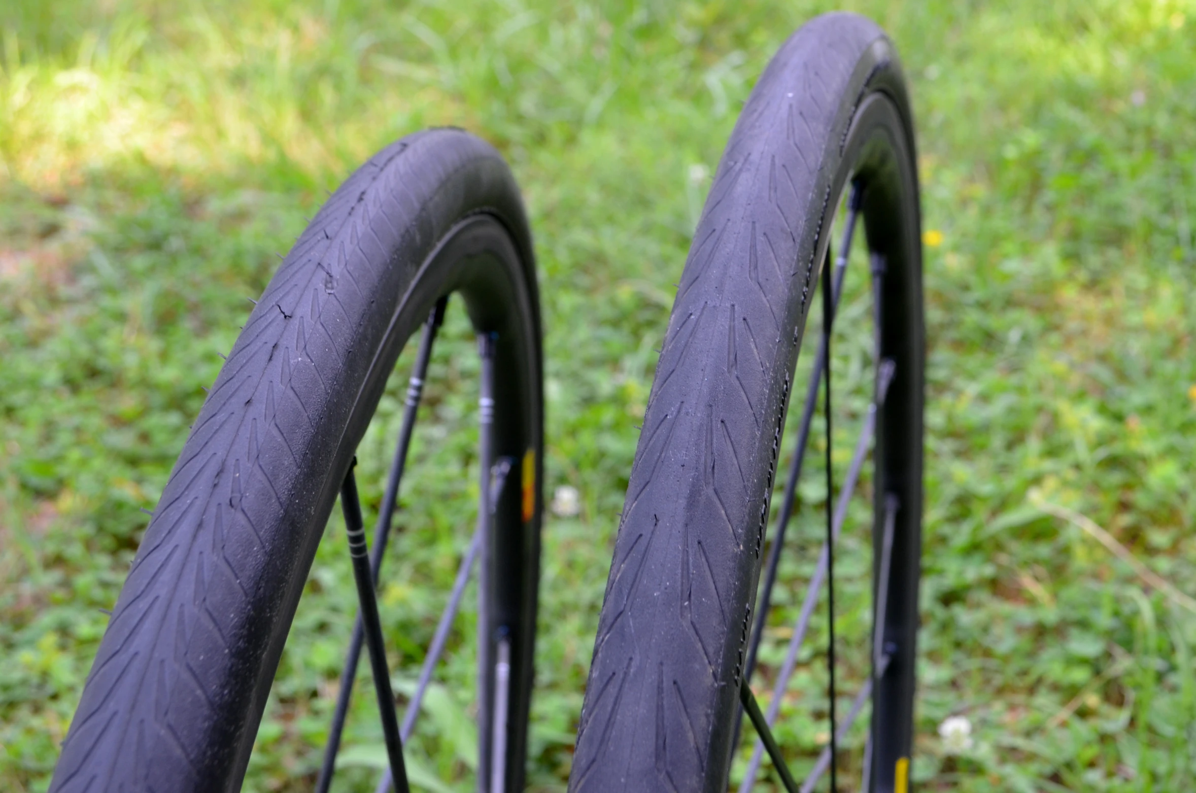 close up of two black bicycles tires in the grass