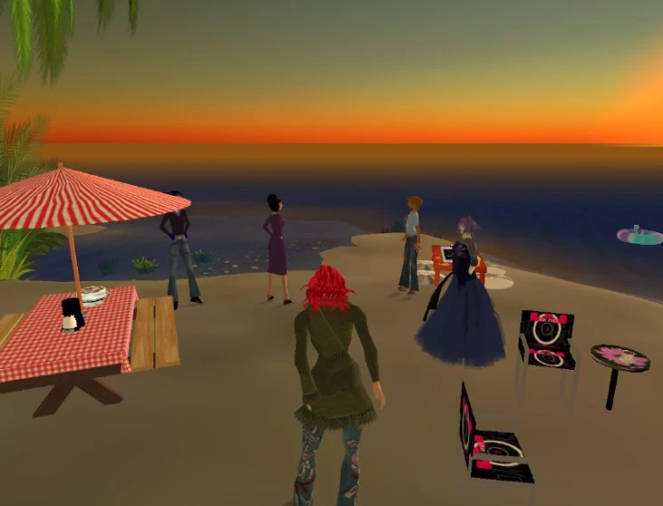 an animated image of a woman standing near many beach side tables