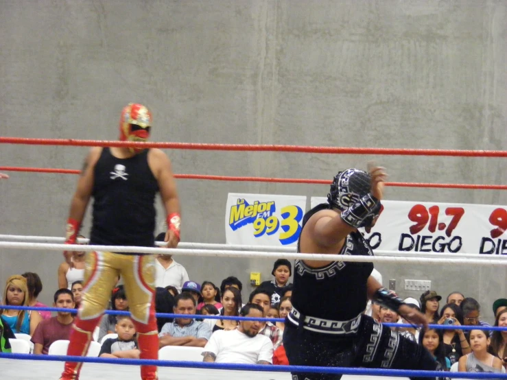 two men in a ring playing wrestling during a competition