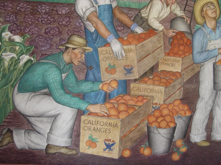 a mural of men working at boxes filled with fruit