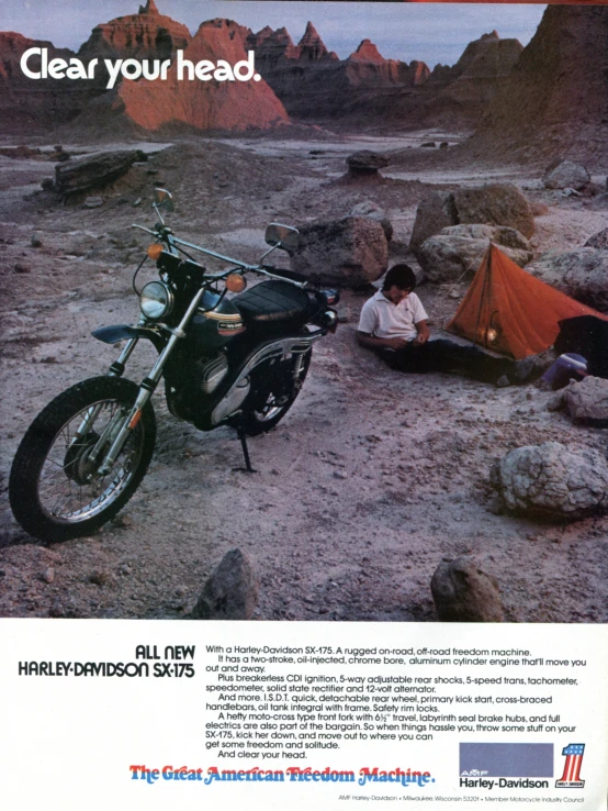 a advertit showing a motorcycle with camping gear