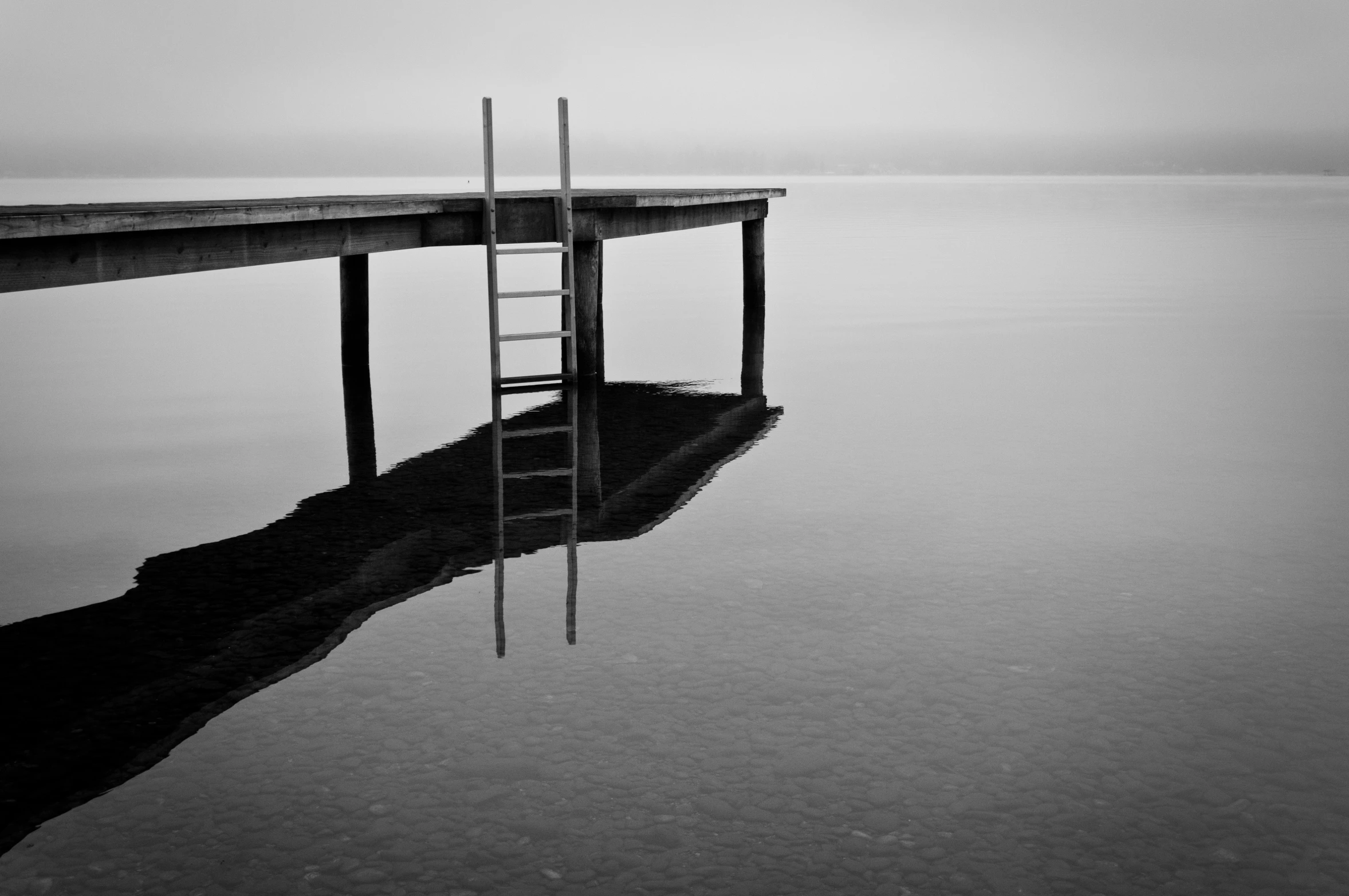 a ladder on the water reflecting a dock and reflection