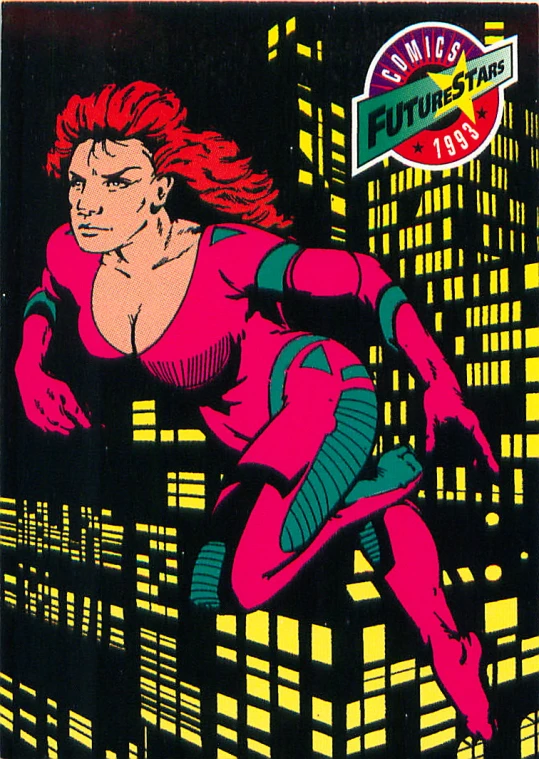 a poster of a red headed woman flying in the air