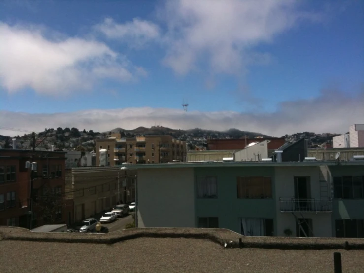 a town view that appears to be foggy from the sky