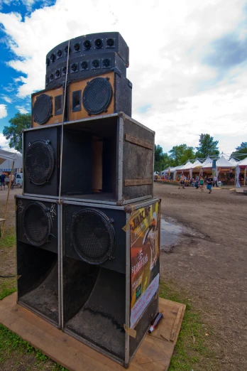two large speakers are stacked up on top of each other