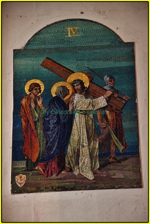 an old mosaic painting of three jesuss carrying the cross