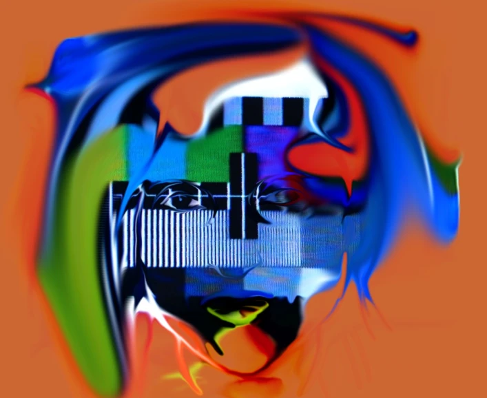 an abstract portrait of a person with blue hair and colorful lines