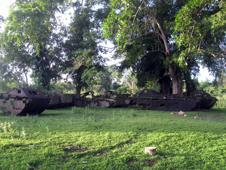 a row of tanks are standing in the grass