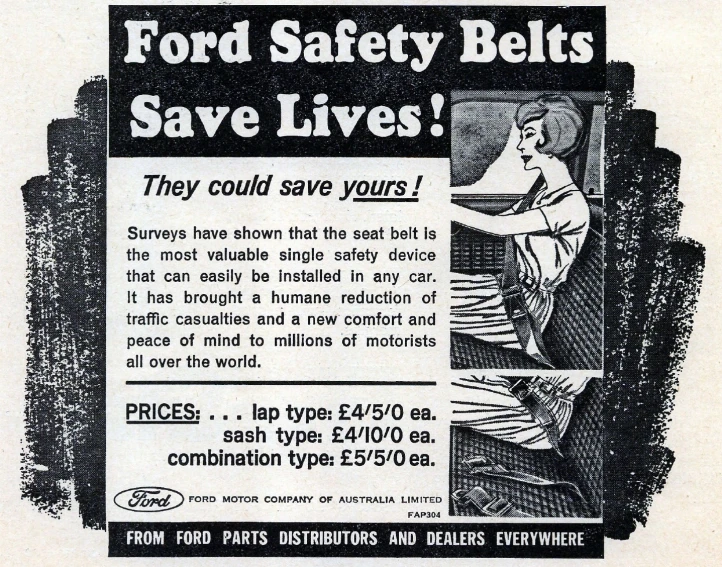 an advertit for ford safety belt with an image of a person holding a seat