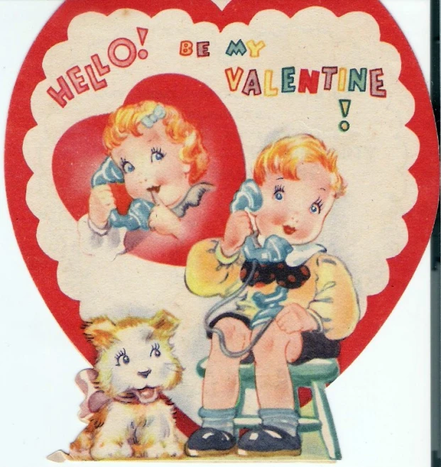 this valentine card features a vintage valentine couple holding a puppy