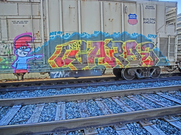 some graffiti spray painted on the side of a train car