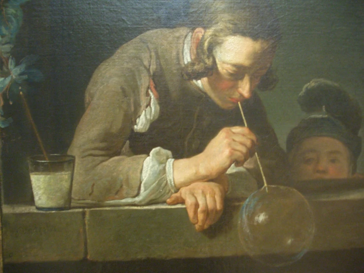 an old woman blowing bubbles with a pipe in her hand