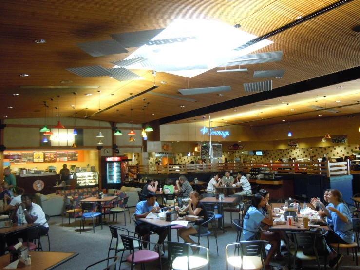 a room filled with tables and people seated