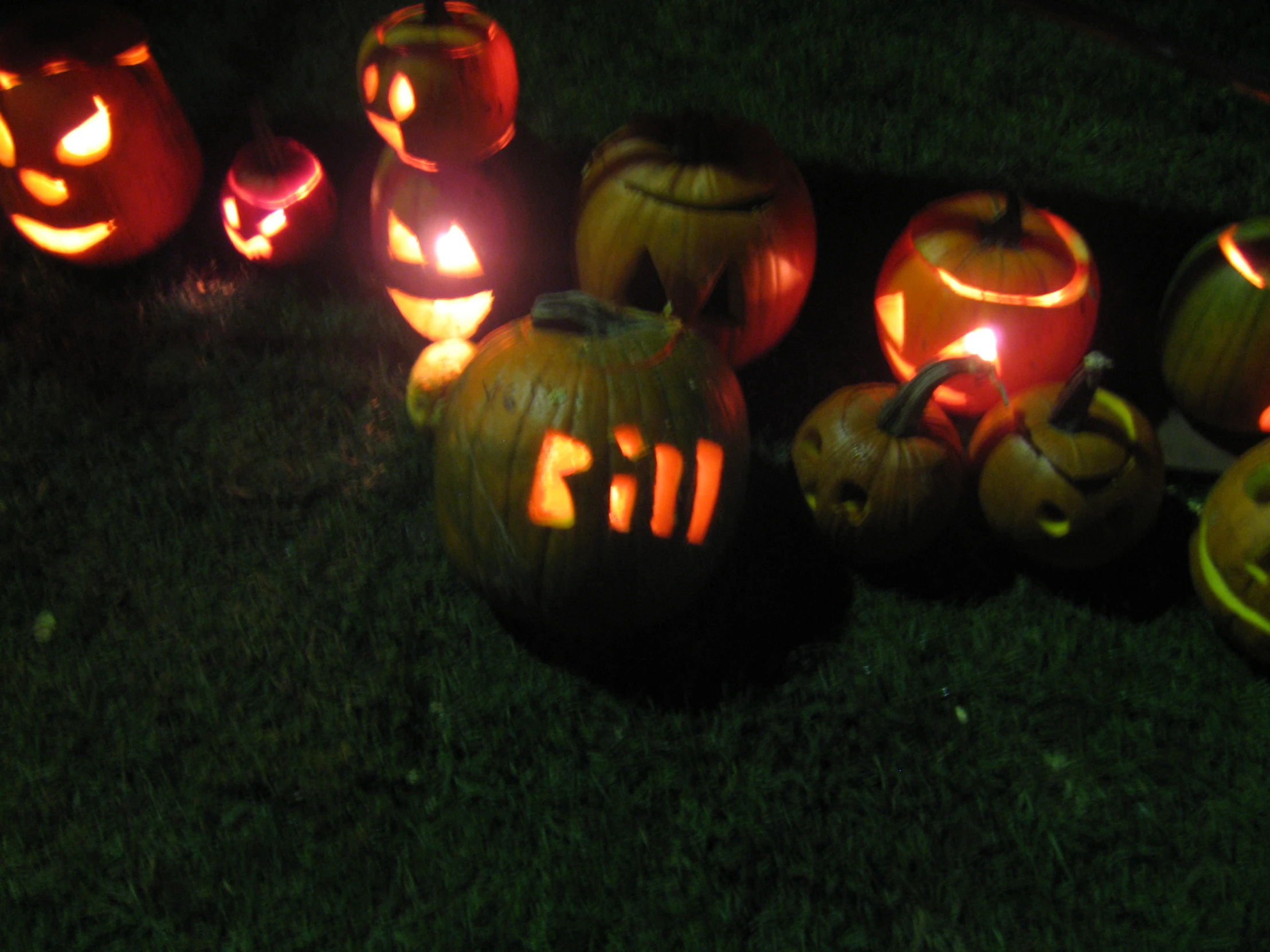 pumpkins sitting in the grass in a group of carved to look like faces