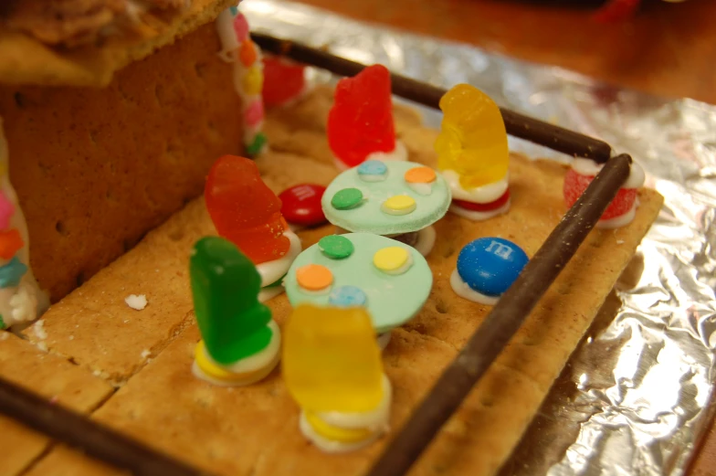 the gummy bears are made of cookies and placed in the shape of a house