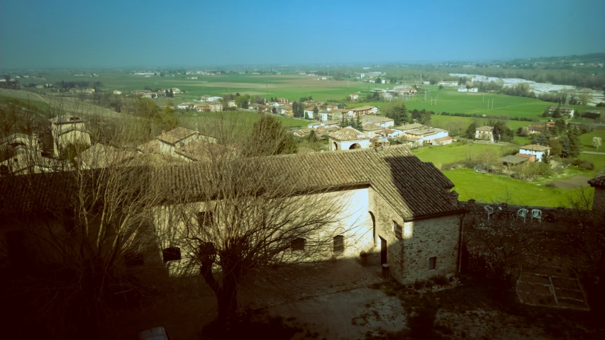 an aerial view of some of the town in the background