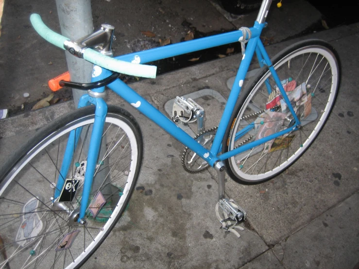 there is a bike parked on the street