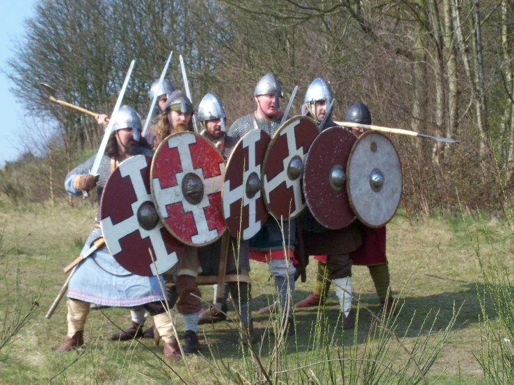 people in battle costumes and armor walking in the grass