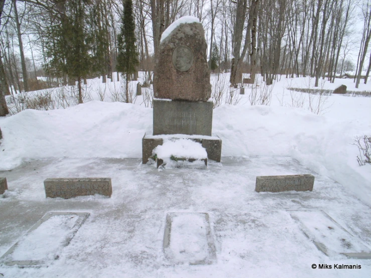 this snow covered cemetery has tombstones on the ground