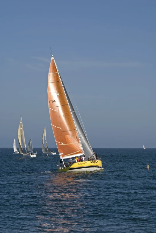 several sailboats are in the open water
