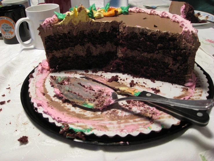 chocolate frosted cake on plate with spoon and coffee cup