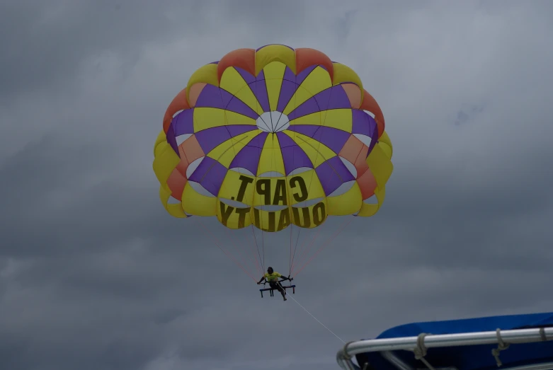 two parachutes being lifted by a boat on a cloudy day