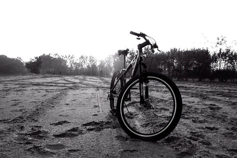 a bicycle sits in the mud on the beach