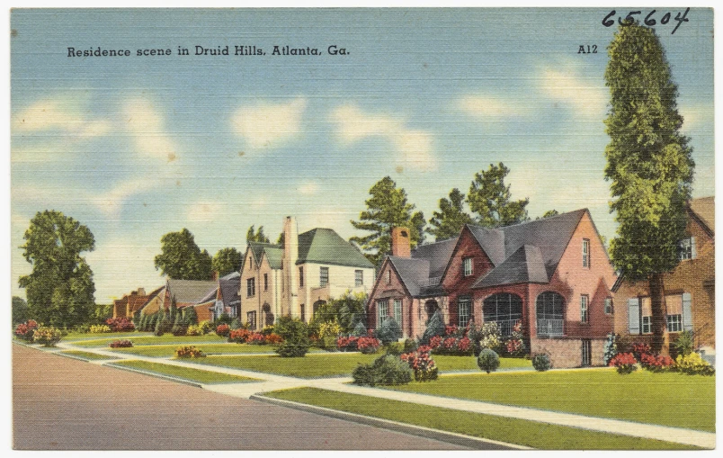 a postcard showing houses on a quiet street