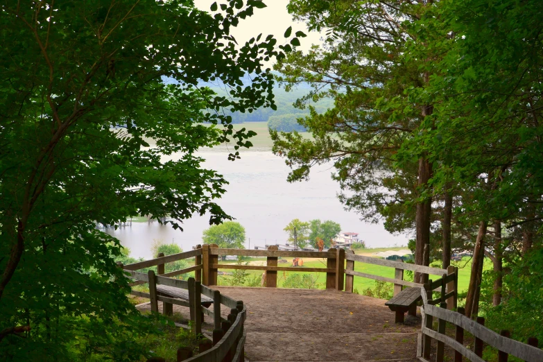 a path with a view of the water through some trees