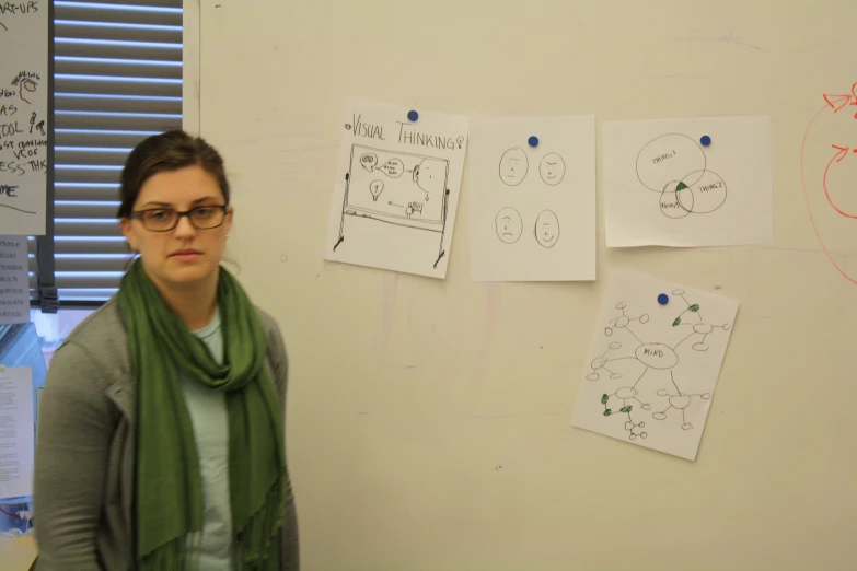 a woman standing in front of paper with drawings