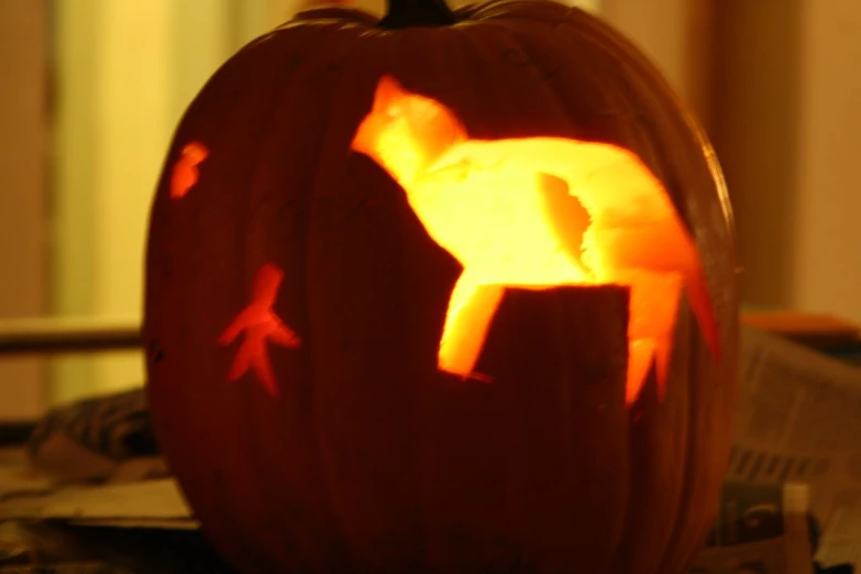 a cat carved into a pumpkin with its head turned slightly towards the viewer