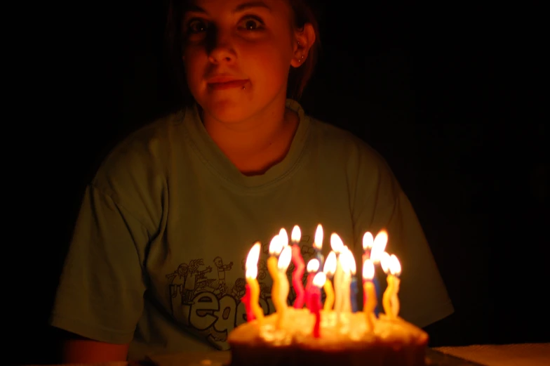 a girl sitting at a table in front of a cake with candles